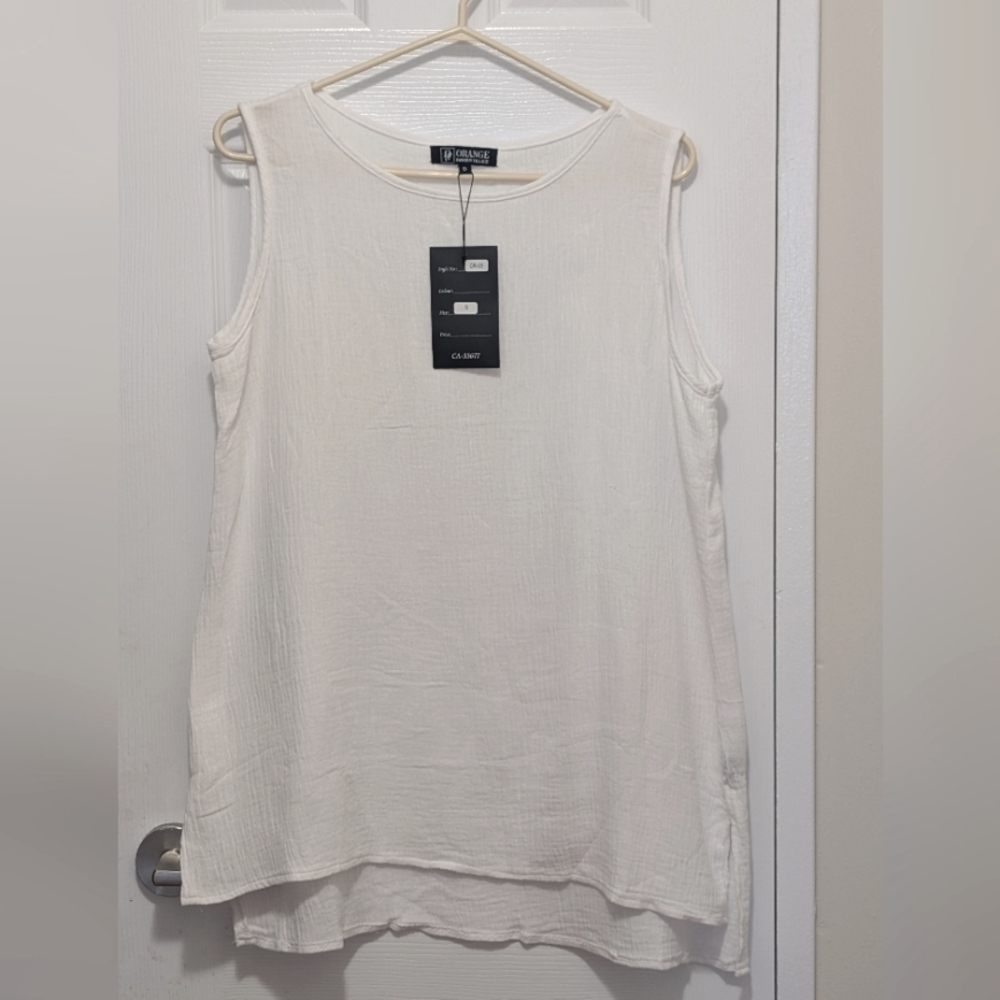 NWT ORANGE Fashion Village White Sleeveless Top 100 % Cotton SIZE: S & M & L